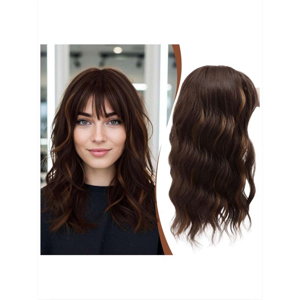 16 Inch Wavy Hair Topper with Bangs Medium Brown Highlights 6.5x6.5 Base Natural